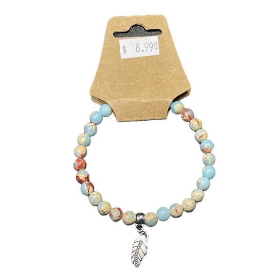 6MM STONE BRACELET (MULTICOLORED WITH LEAF CHARM) [Style #B108]